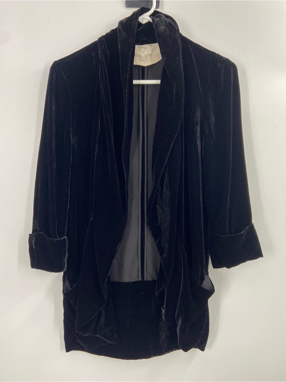 Aritzia Wilfred Chevalier Black Silk Blend Velvet Open Front Blazer Jacket SZ 4